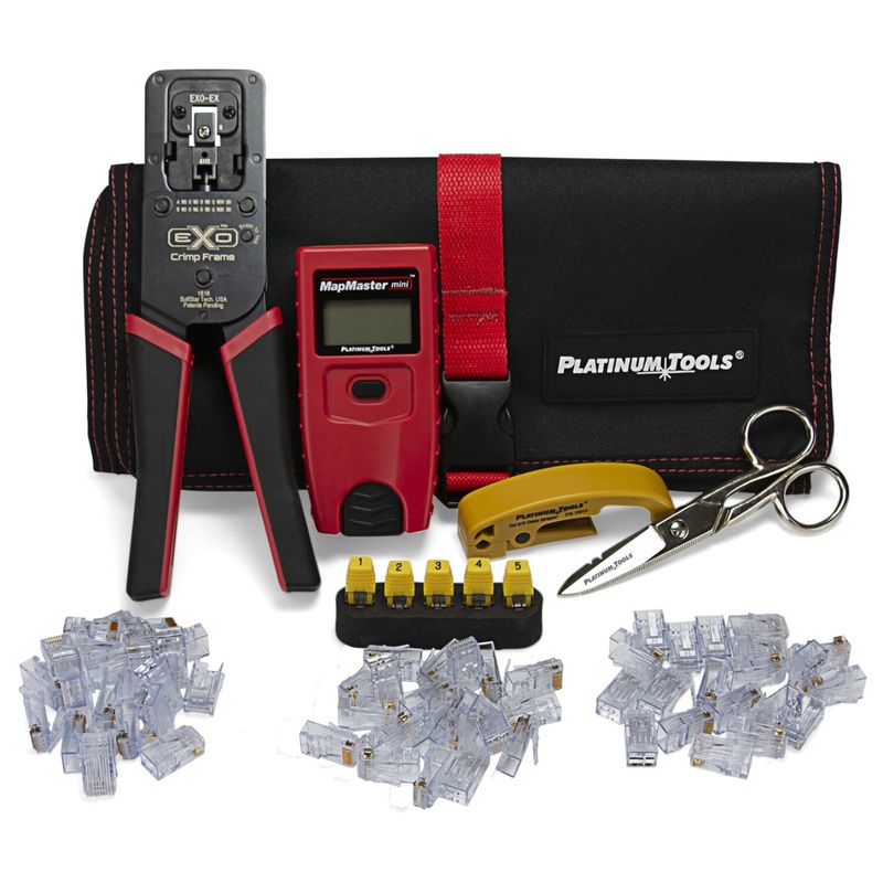 Platinum Tools 90147 ezEX-RJ45 Termination and Test Kit  Pass-Through RJ45s, Basic Installation, Includes Cable Tester and Tool Pouch