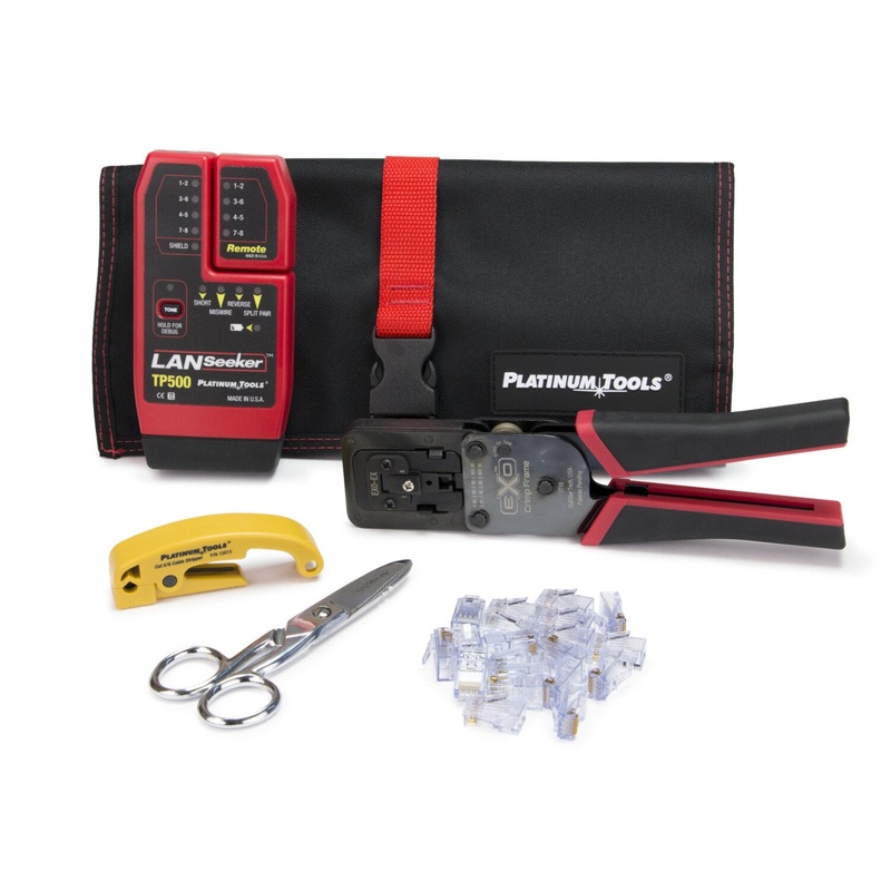 Platinum Tools 90148 ezEX-RJ45 Termination and Test Kit  Pass-Through RJ45s, Basic Installation, Includes LANSeeker Cable Tester and Tool Pouch