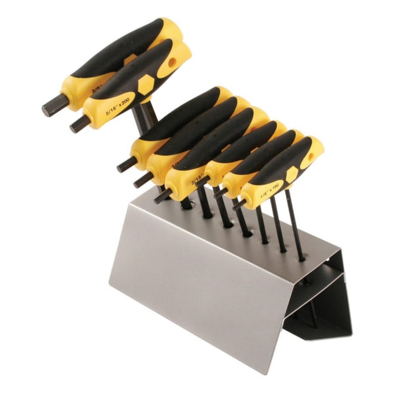Wiha Tools 33499 Soft Grip Dual Drive Ball End Hex T-Handle Inch Black Finish 8 Piece Set in Metal Stand