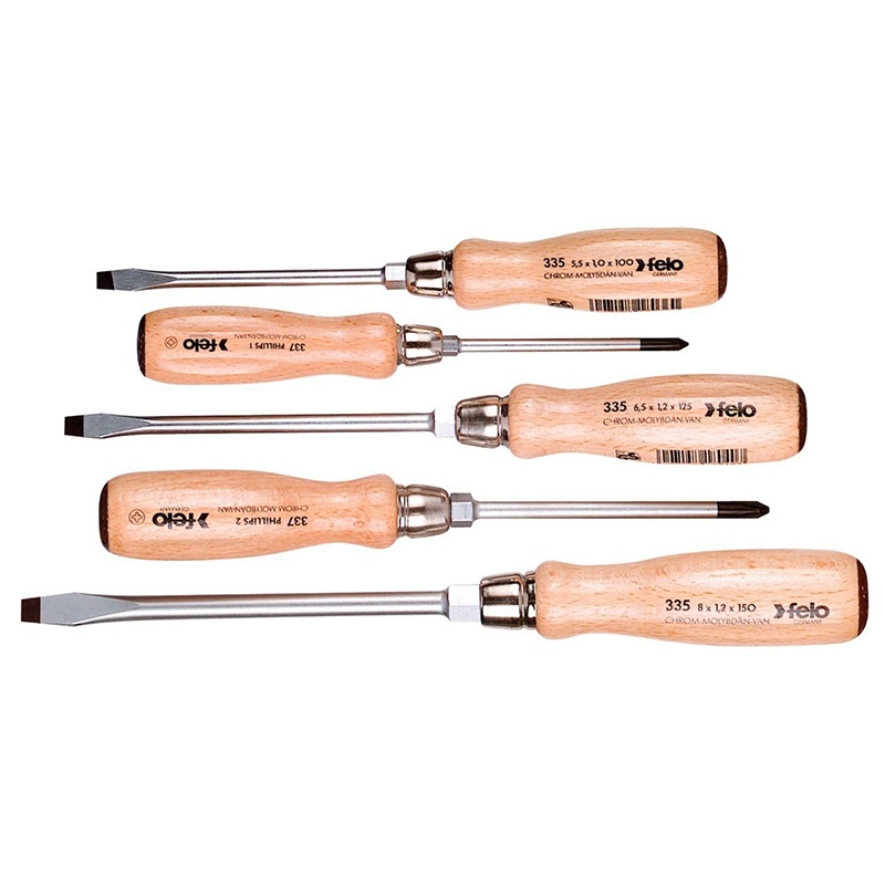 Felo 0715722155 Slotted & Phillips Wooden Handle Screwdriver Set, 5 Piece